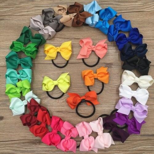 XIMA 32pcs/lot 3'' Solid Grosgrain Ribbon Hair Bows WITH Elastic Kids Accessories Ponytail Holder Headband