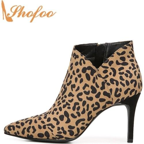 Tan Leopard Animal Print Ankle Boots High Thin Heels Woman Pointed Toe Booties Zip Large Size 13 16 Ladies Fashion Shoes Shofoo