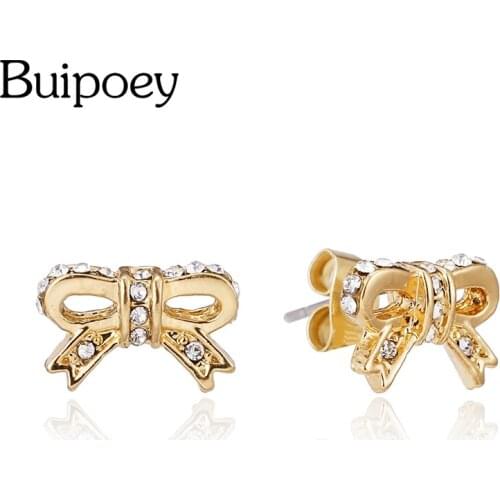 Buipoey Gold Shiny Crystal Bow Earrings For Women Girl Original Stud Earrings Friends Couple Birthday Gift Jewelry Anti Allergy