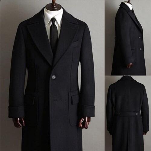 Black Woolen Mens Long Coat Jacket Winter Groom Two Button Wedding Tailored Party Prom Business Blazer Only One Piece