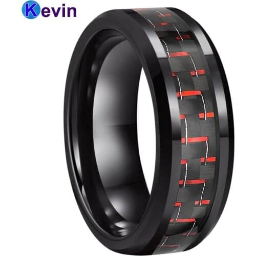 Black Wedding Band Women Mens Tungsten Ring With Black+Red Carbon Fiber Inlay 8MM Comfort Fit
