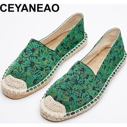 CEYANEAOFashion Ethnic Casual Espadrilles Denim Bow Tie Flat New Women Spring Printed Embroider Slip on Fishermen Hemp Rope Shoe