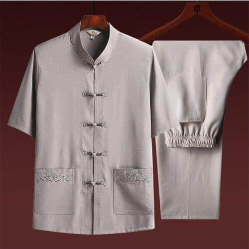 Chinese Traditional Clothing Tang Suit Men Top Bottom Set Kungfu Pants Summer Short Sleeve Solid Color Hanfu Man Trousers Jacket