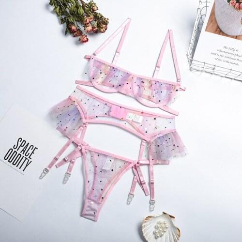 3 Pieces Cute Sensual Lingerie Sexy Erotic Lingerie Womens Underwear Lace Sequin Mesh Perspective Underwear Garters Briefs Sets