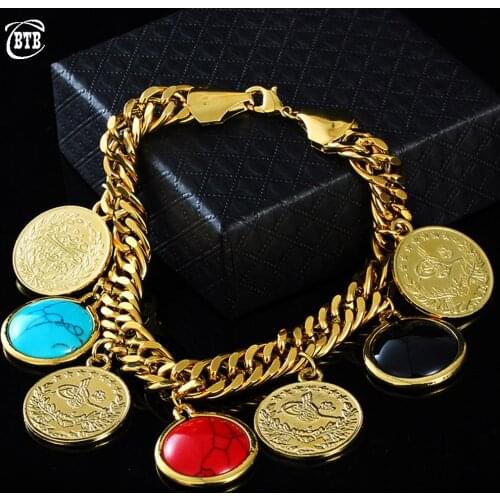 Boho Cuban Turkish Gold Coin Turquoise Women Charm Bracelet Islamic Muslim Luxury Jewelry Unisex Bracelet Gift Wholesale