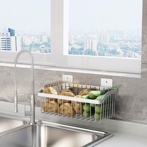 Stainless Steel Kitchen Wall Mounted Basket Spice Rack Shower Storage Fruit Drainer Organizer Dish Drying Shelf Container