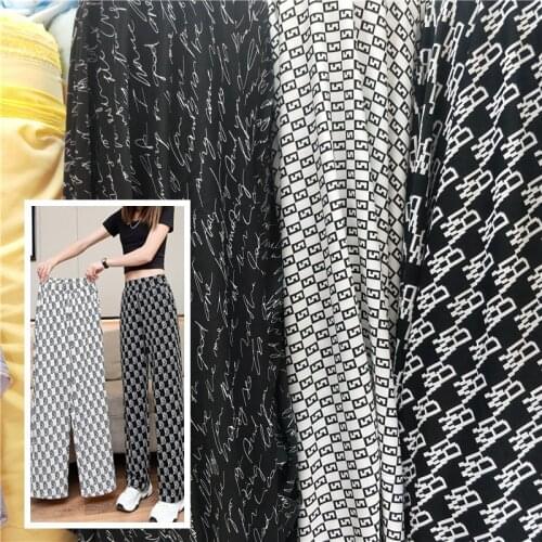 Micro-elastic Chiffon Fabric By The Per Meter for Shirt Dress Pants Clothing Letter Sewing Geometric Printed Black White Cloth