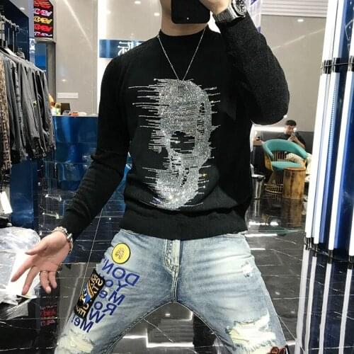 Fashion Brand Sweater 2021 Autumn And Winter Black Skull Stripes Hip-Hop Casual Mens Hot Drilling Punk Street