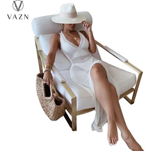 VAZN New 2021 Boho Tunic High Waist Party Sleeveless Solid Ladies Slim Elegant Women Female Dress Sexy Beach Dress
