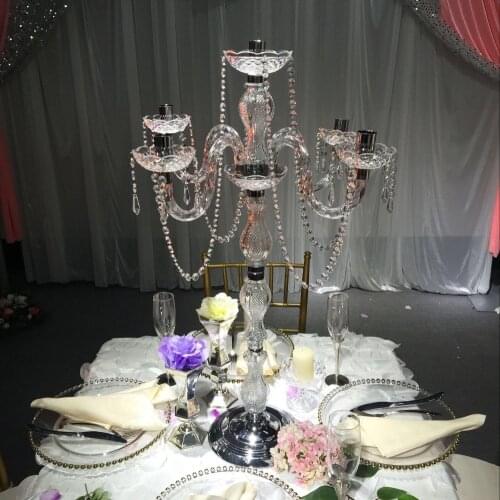 New design 90cm(H) Acrylic 5-lights alloy wedding candelabras with crystal pendants silver plated candle holder