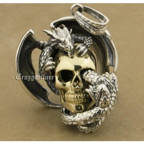 Huge 925 Sterling Silver Wing Dragon On Brass Skull Mens Biker Rock Punk Pendant 8B006