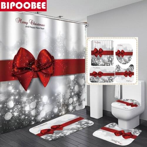 Merry Christmas Red Bow Printed Shower Curtain Bathroom Curtains Xmas Festival Decoration Pedestal Rug Toilet Lid Cover Bath Mat