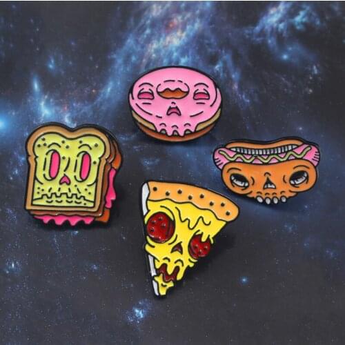 Skeleton Wack Food Brooch Toast Pizza Donut Hot Dog Sandwich Ghost Zombie Funny Badge Enamel Pin Halloween Punk Jewelry