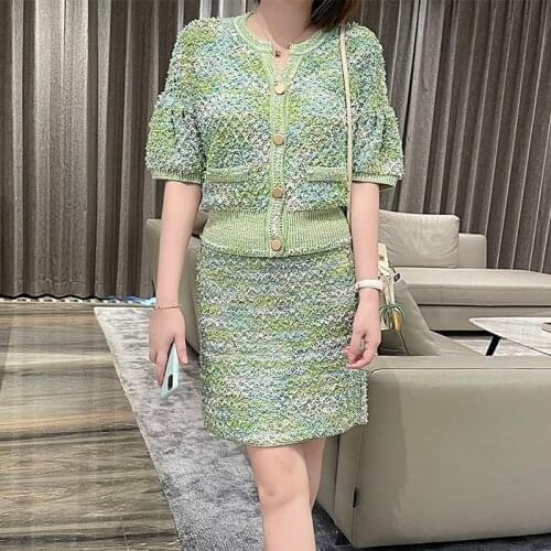 Mixed Green Hollow Out Top and Skirt 2 Piece Set 2021 Summer Puff Sleeve Knitted Cardigan + Short Step Skirt Suit Two Piece Set