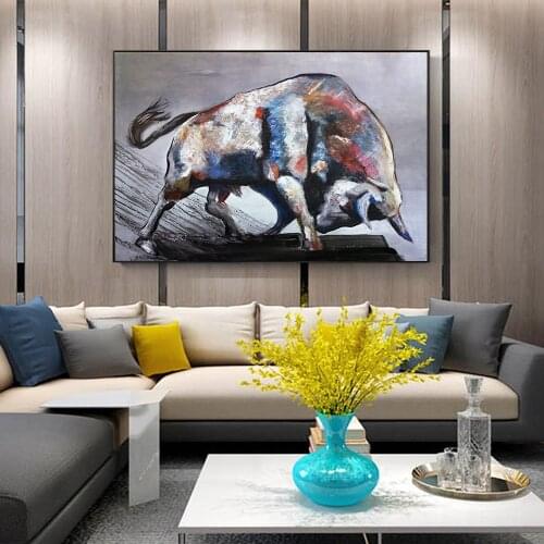 Modern Abstract Oil Painting Print on Canvas Wall Art Posters Decorative Doodle Bull Pictures for Living Room Frameless