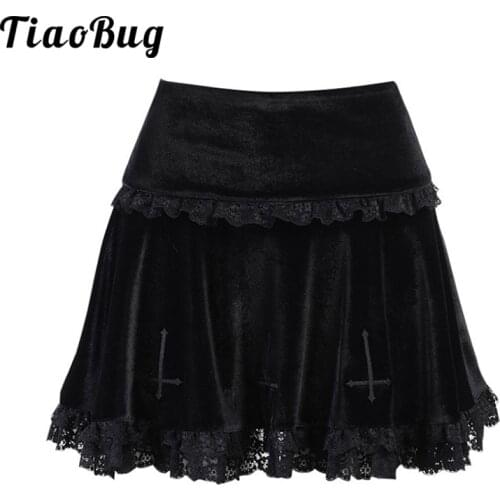Lace Goth Skirt Women High Waist A Line Kawaii Punk Gothic Grunge Clothes Dark Academia Y2K Aesthetic Black Velvet Mini Skirt