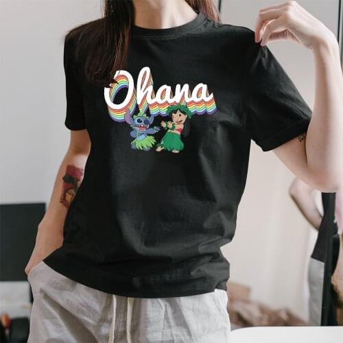 Womens T-shirts Harajuku Girls Plus Size Tops Disney Lilo & Stitch Pride Ohana Rainbow T Shirt Summer Girl Tshirt Black Tees