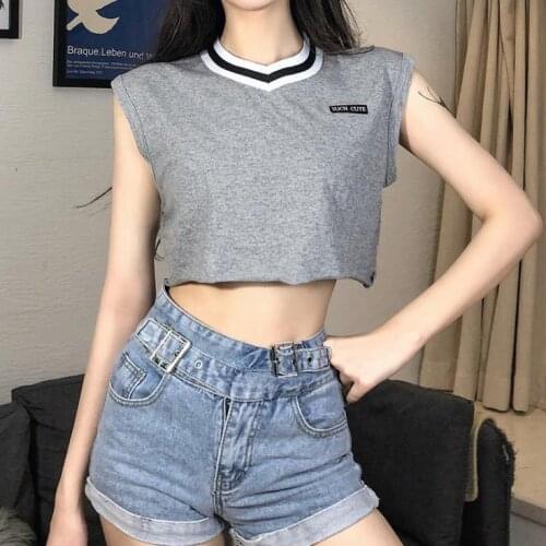 Women Summer Casual Tank Tops Letters Print Splicing V-Neck Sleeveless Loose Crop Tops for Girls Gray