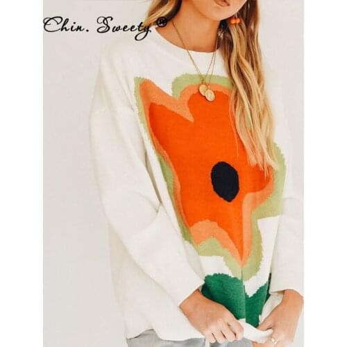 Womens Floral Print Long Sleeve Sweaters 2021 Autumn O-neck Dropped Shoulder Loose Pullovers Ladies Sweet Streetwear Clothes