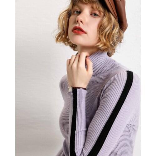 2020 Autumn Knitted Black Striped Jumper Pull Femme Long Sleeve Turtleneck Women Sweater And Pullovers Tricot