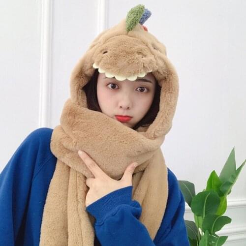 Women Winter Warm 3 In 1 Thick Plush Hooded Scarf Hat Gloves Set Cartoon Dinosaur Stuffed Windproof Earflap Cap Mittens