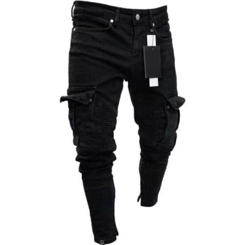 2019 Fashion Black Jean Men Denim Skinny Biker Jeans Destroyed Frayed Slim Fit Pocket Cargo Pencil Pants Plus Size S-3XL