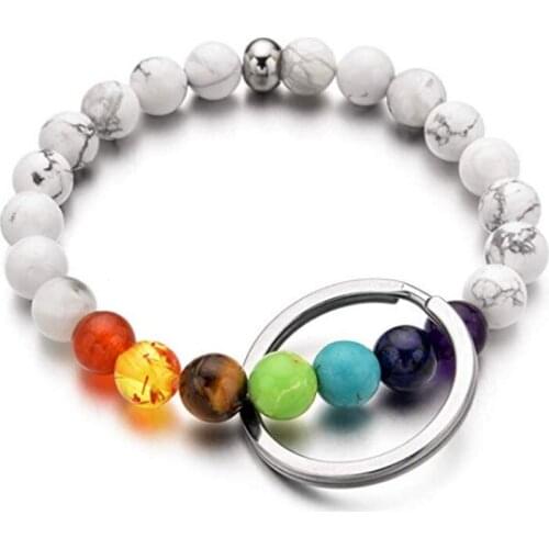 FYJS Unique Silver Plated Circle 7 Colors Quartz White Howlite Stone Bracelet Healing Chakra Jewelry