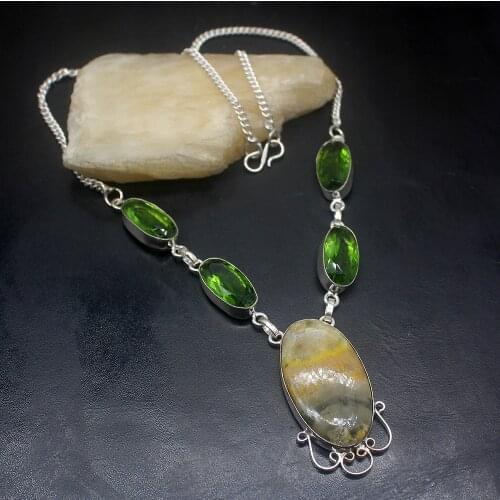 Gemstonefactory Jewelry Big Promotion Single Unique 925 Silver Ocean Jasper Peridot Green Topaz Women Links Necklace 46cm 0096