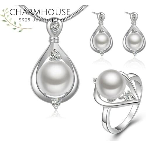 Charmhouse Pure Silver Jewelry Sets For Women Pearl Ring Earring Necklace & Pendants 3pcs Costume Jewelry Accessories Bijoux