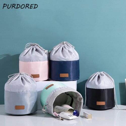 PURDORED 1 Pc New Drawstring Cosmetic Bag Waterproof Barrel Cylindrical Makeup Bag Travel Toiletry Bag Beauty Case Neceser