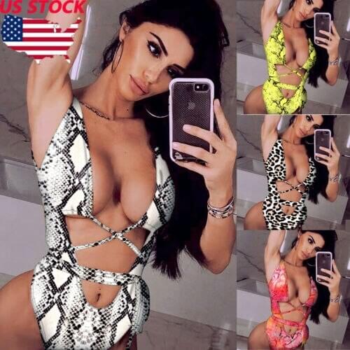 Summer Women One Piece Snake Leopard Printed Beachwear Ladies Sexy Monokini Push Up Padded Bikini Swimsuit Swimwear Bathing Suit