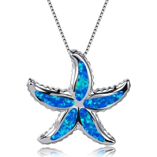 Vintage Fashion Starfish Wedding Necklace Cute Female Blue Opal Chain Necklace Classic Silver Color Pendants Necklaces For Women