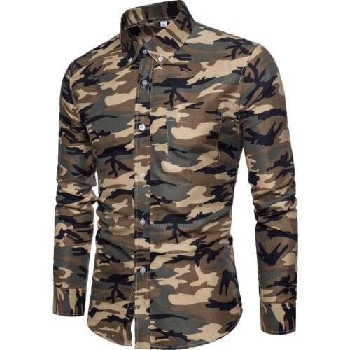 2018 Mens Brand Shirts Spring New Listing Fashion Casual Camo Shirt Mens Long Sleeve Slim Dress Shirts Camisa Masculina M-XXL