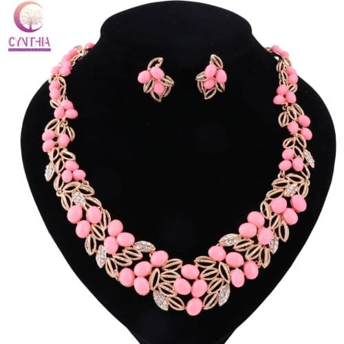 Pink Resin Bridal Jewelry Sets Gold-Color Necklace Earrings Set Wedding Jewelry Parure Bijoux Femme