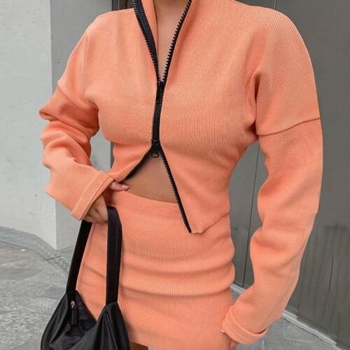 NORMOV Sexy Women Knitted Sets Solid Zipper Longsleeve Cardigans Push Up Bodyon Dress 2 Piece of Sets Streetwear Sets Female