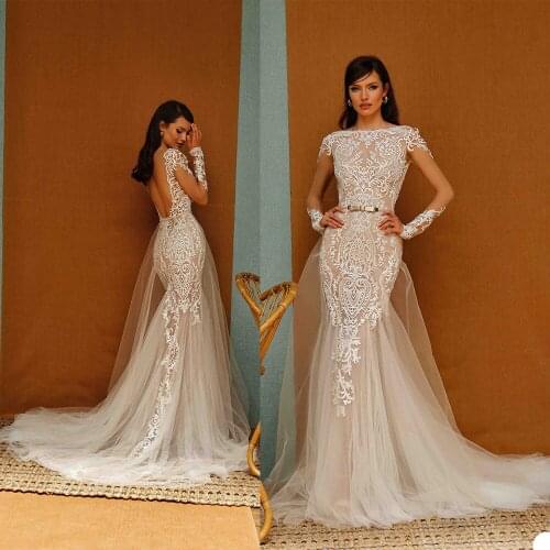 New Wedding Dresses Boat Neck Long Sleeves Lace Appliques Mermaid Bridal Gowns Custom Made Backless Sweep Train Wedding Dress