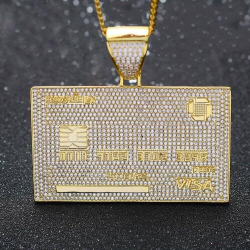 AZ HIPHOP Bank Card Iced Out Pendants Necklace For Men Personality Cooper Cubic Zircon Necklace Long Chain PUNK Gifts Free Ship
