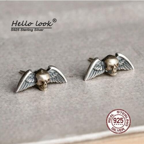 HelloLook 925 Sterling Silver Punk Retro Skull Wing Stud Earrings For Men Women Fine Jewelry Accessories Gifts