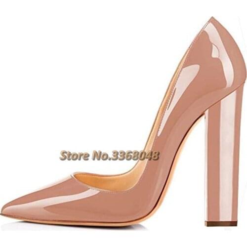 Candy Color Block Heel Women Pumps Patent Leather Slip On High Heel Pointed Toe Shallow Dress Shoes Nude Red Black Newest Pumps