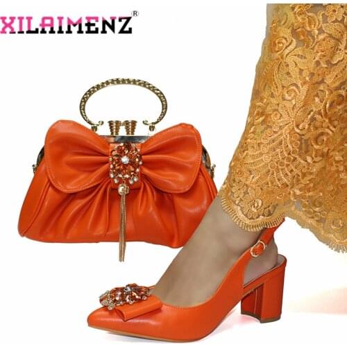 2020 Spring INS Hot Selling Italian Lady Shoes and Bag High Quality Slingbacks Sandal in Orange Color Office Lady Shoes