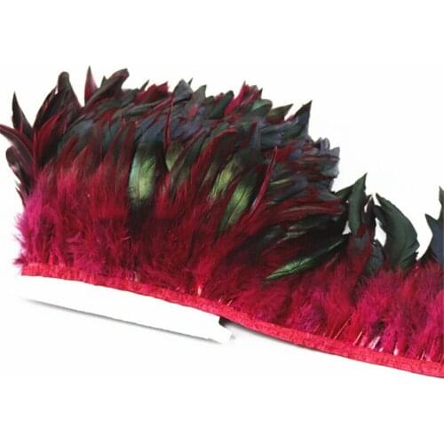 Wine red Cocktail feathers Fringe Trims Ribbon natural Rooster Feather For Crafts with Satin Ribbon Tape skirt costume Plumes