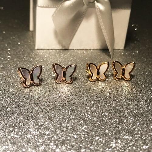YUN RUO Black White Butterfly Stud Earring Rose Gold Color Woman Birthday Gift Titanium Steel Jewelry Never Fade Drop Shipping