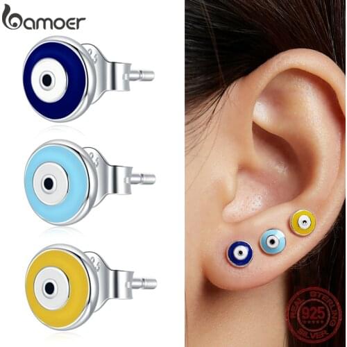 Bamoer 1Piece Guardian Eye 925 Sterling Silver Colors Blue Yellow Enamel Round Stud Earrings for Women Fashion Jewelry SCE1207