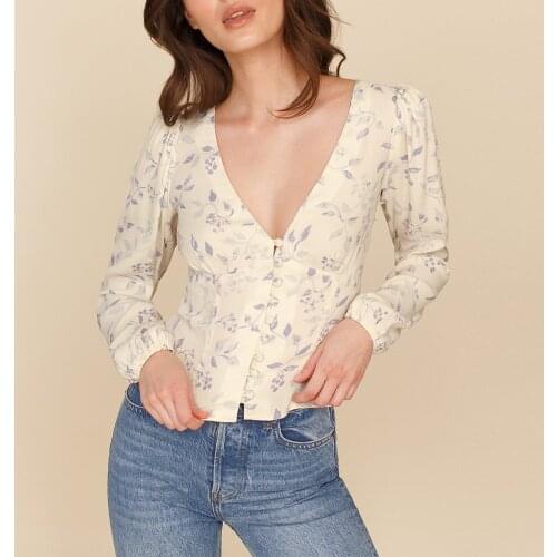 Women Shirts Blouses Sexy Deep V Neck Long Sleeve Buttoned Slim Casual Tops For Women Elegant Vintage Leaf Print Blouse Top 2021