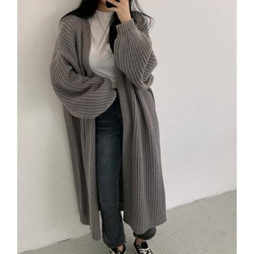Lady Long Cardigan 2021 Pure Color All-matched Lantern Sleeve Ribbing Knitted Coat V Neck Knitwear Sweaters for Going Out