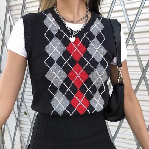 7 Styles Women Retro Knitted Bare Midriff Waistcoat Diamond Pattern Ribbing Elastic Slim V-neck Sleeveless Sweater Daily Life