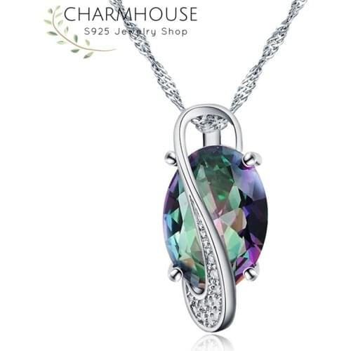 Charmhouse 925 Sterling Silver Necklaces For Women Colorful Crystal Pendant & Necklace Link Chain Choker Collier Fashion Jewerly