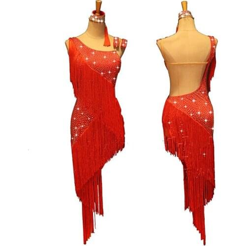 Full Body Diamond Latin Dance Dress Women Professional Competition Clothes Female Red Sexy Fringed Skirt Evening Dresses