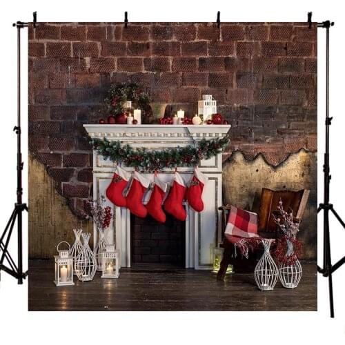 Winter Christmas Backdrop Sock Fireplace Candle Vintage Wall Wood Floor Xmas Photography Background Photo Studio Photozone Props