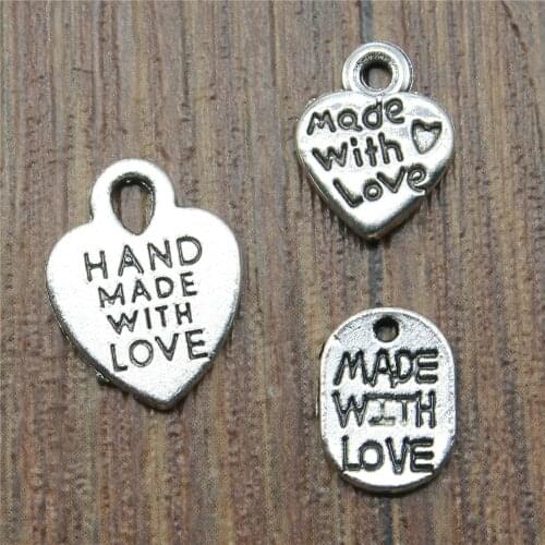 50pcs Made With Love Charms Antique Silver Color Hand Made Charm Pendants Jewelry Accessories DIY Made With Love Charms